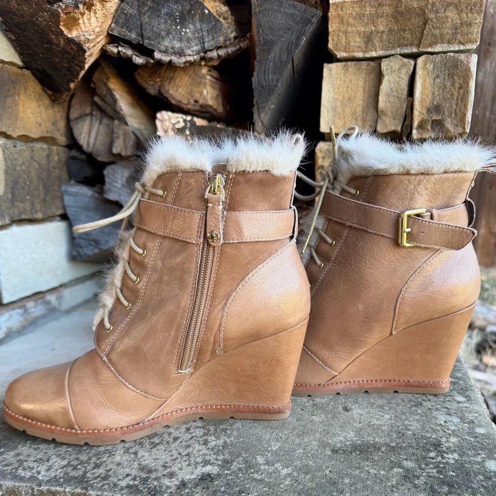 kate spade Tay Booties Tan Leather Wedge Ankle Boots w/ Faux Fur Trim Sz-10.5. X